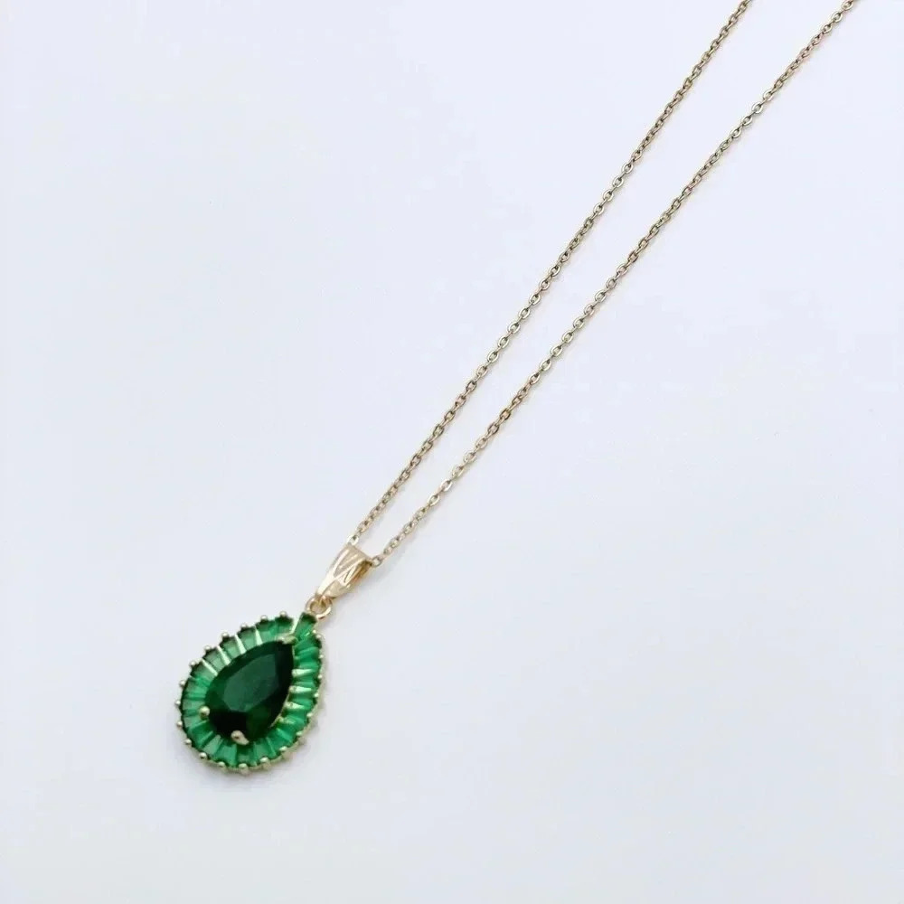 Green Drop Necklace | Cubic Zirconia Necklace | Gold Plated